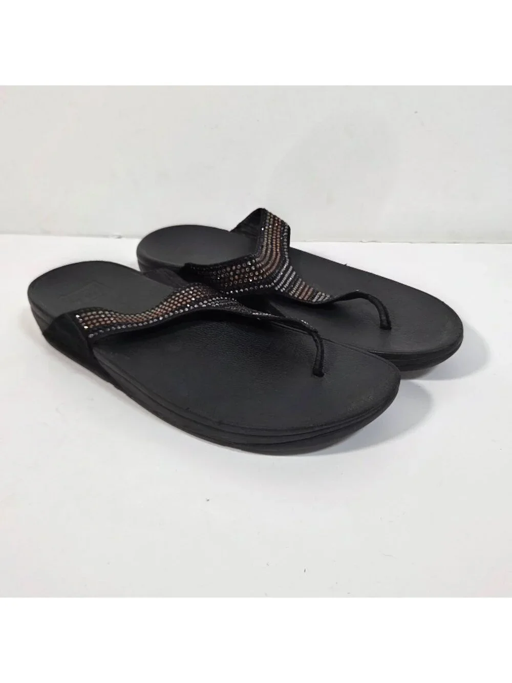 FitFlop Strobe Luxe Black Rhinestone Sandals Minimalist Glam Resort Size 11